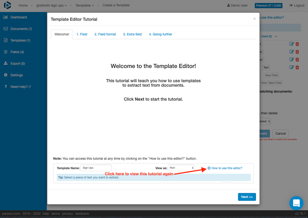 A screen capture of template tutorial