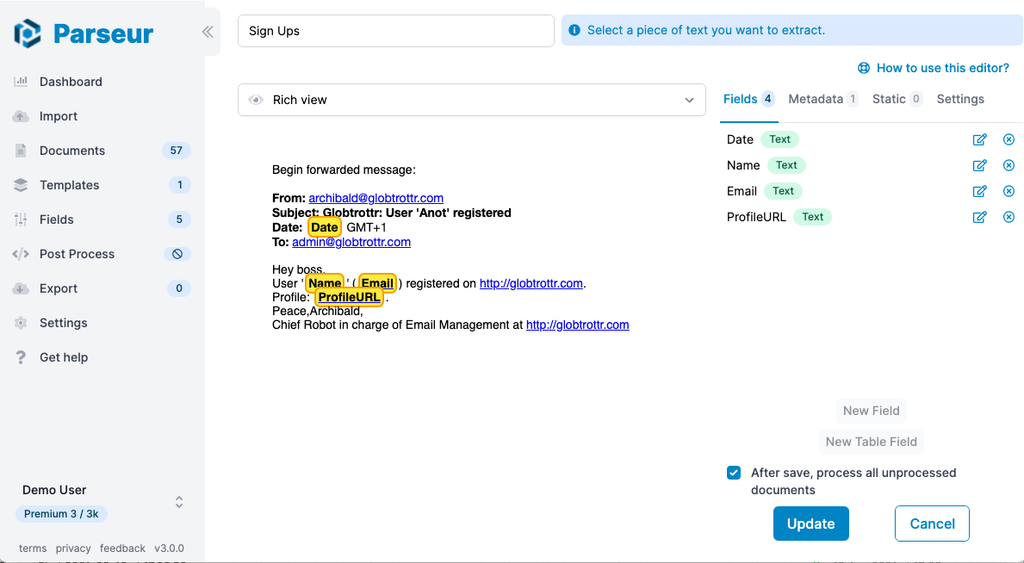 A screen capture of template editor v3