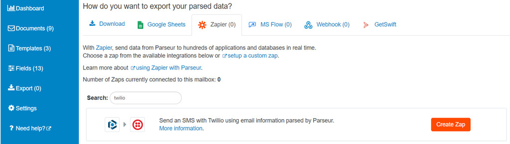 Export parse email data