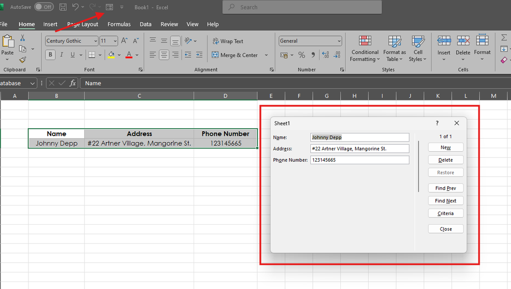 Click on the form button A screen capture of Excel