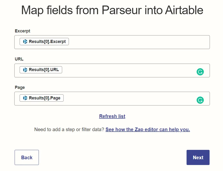 Map the fields from Parseur to Airtable