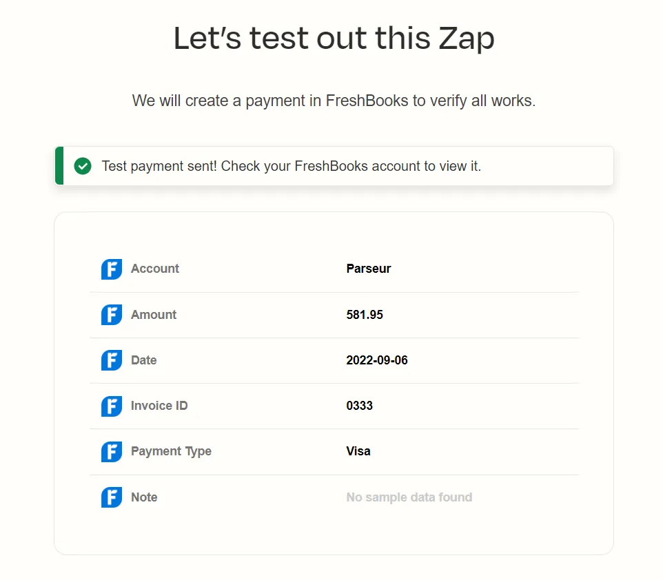 Send a test trigger from Zapier to FreshBooks