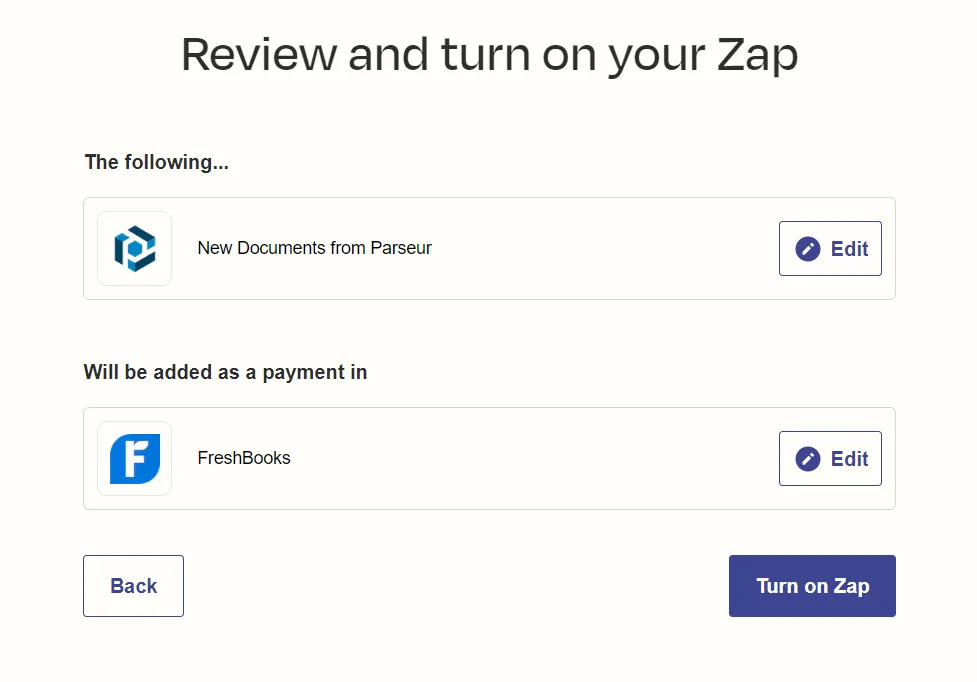 Turn the zap on between Zapier and FreshBooks