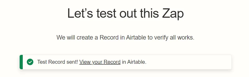 Zapier test sent successfully to Airtable