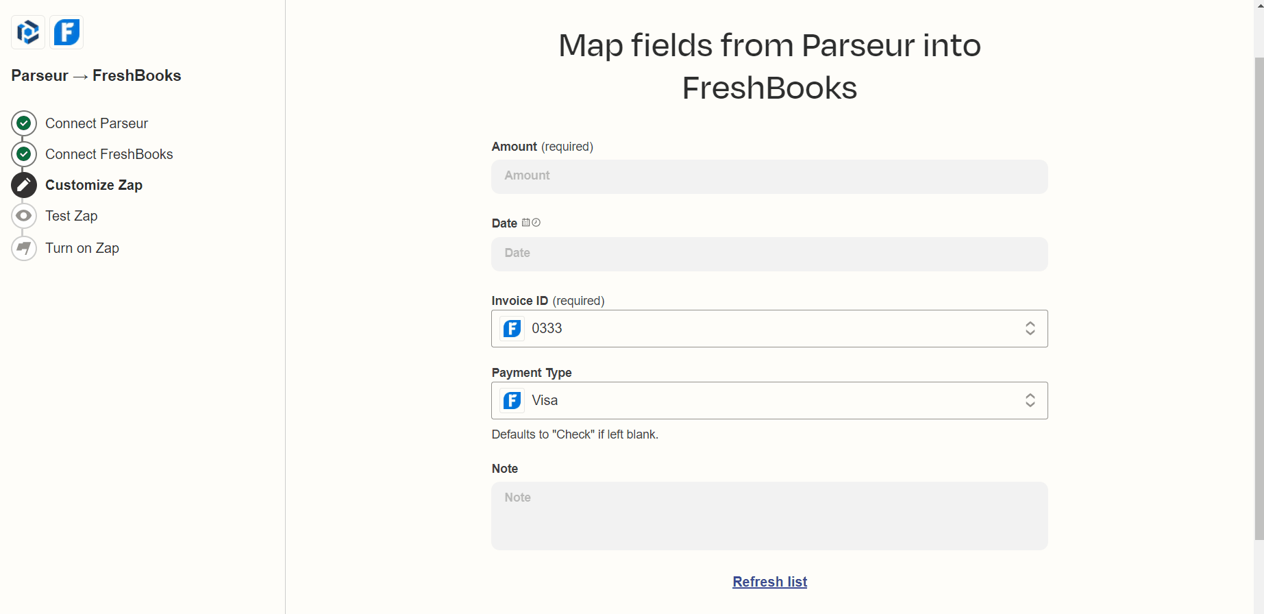 Customize the fields you want to send to FreshBooks
