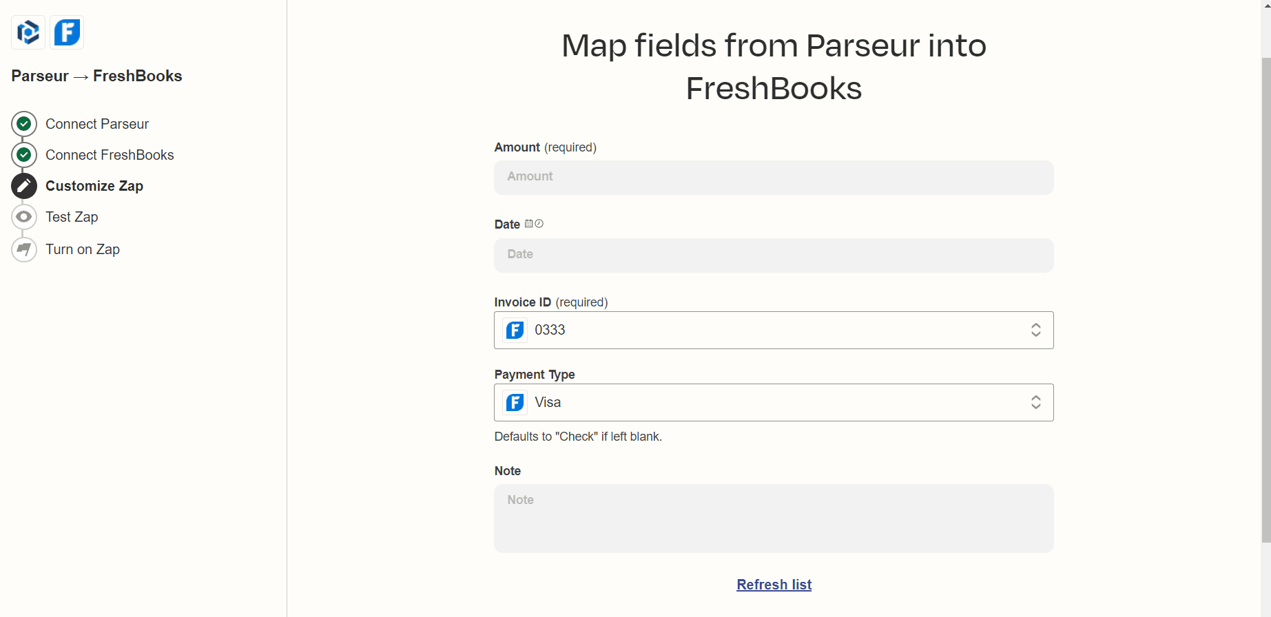 Mappa i campi tra Parseur e FreshBooks