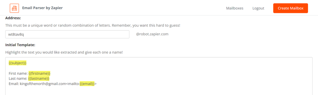 A screen of zapier email parser