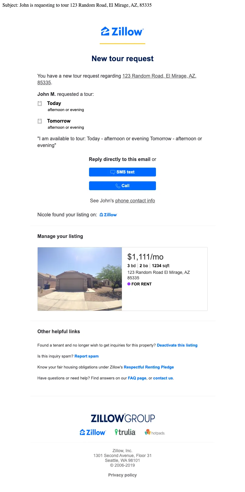 A screen capture of Zillow Tour Request email sample