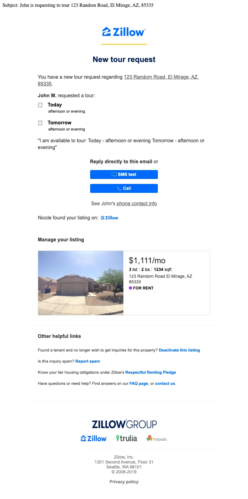 Ein Screenshot einer Zillow-E-Mail