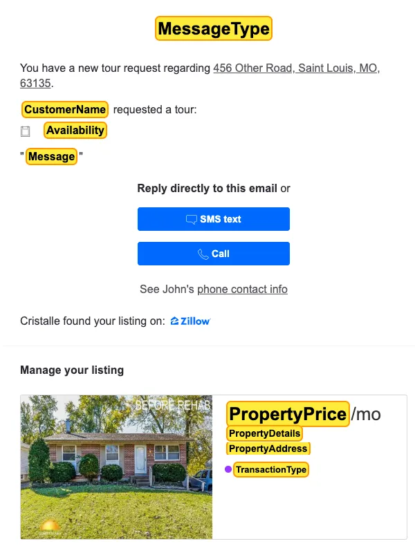 Exemple de données capturées par un modèle Parseur pour Zillow