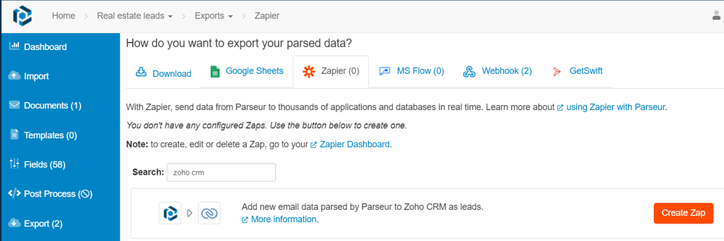 Search for Zoho CRM in the Parseur app
